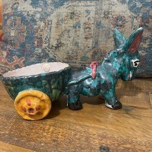Vtg Donkey with Cart Wagon Ceramic Planter Figurine Made In Italy 77 Made 3"×9